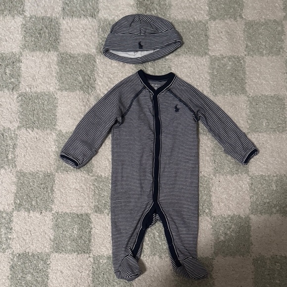 Ralph Lauren Baby Footie and Beanie Hat Striped Navy Stripe Size 3 months 3mo - Picture 1 of 6